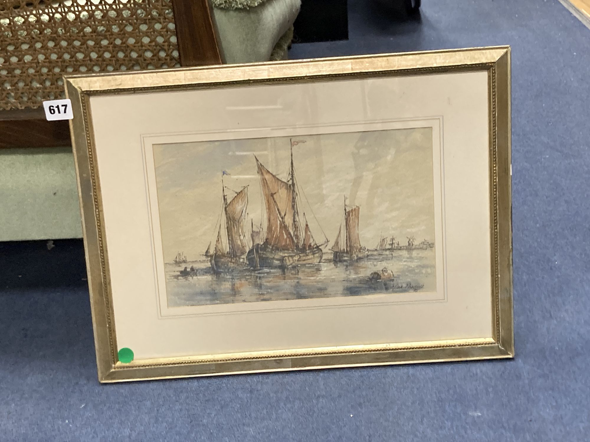 Max Parsons, watercolour, Dutch Barges, signed and dated 85, 19 x 31cm
